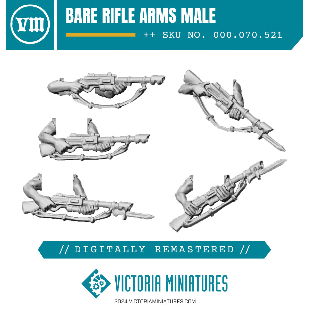 A set of five remastered bare laser rifle arms models for 28mm scale miniatures, with digital remastering by Victoria Miniatures