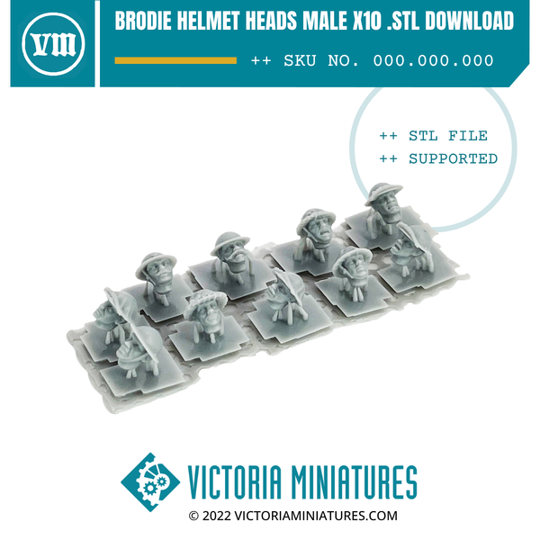 Brodie Helmet Heads Male x10 .STL Download – Victoria Miniatures