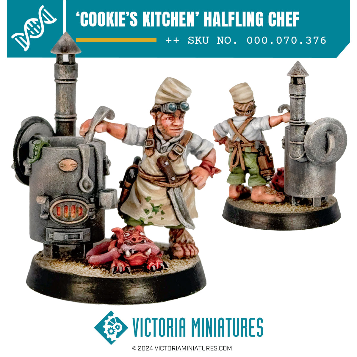 A painted metal miniature figure of a halfling chef with a soyer stove and sausage squig, part of a kitchen-themed set