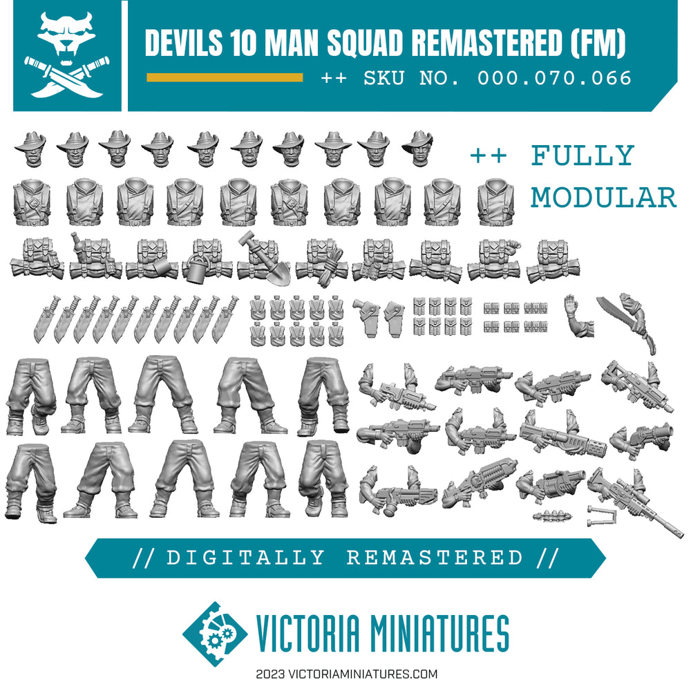 A collection of digitally remastered miniature models from Victoria Miniatures, labeled 'Devils 10 Man Squad Remastered (fully modular)', including slouch hat heads, torso, arms with machete, and various other components