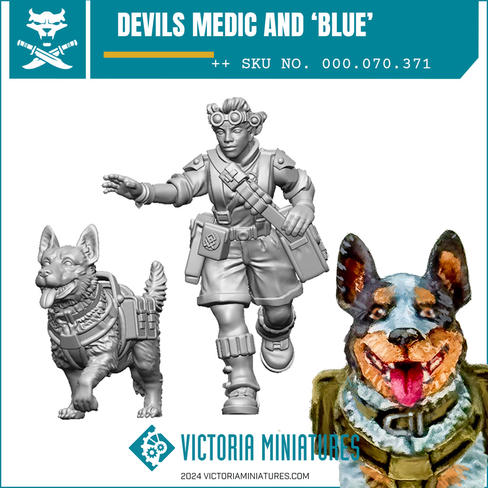 A product image showing a figurine set named 'Devils Medic and Blue', comprising a medic figure and a dog figure with a medic hat on the dog