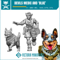 A product image showing a figurine set named 'Devils Medic and Blue', comprising a medic figure and a dog figure with a medic hat on the dog