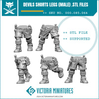 Five metal miniature figures of male devils with shorts, showing different angles of the sculpture, with a label indicating the brand Victoria Miniatures and the product name Devils Shorts Legs Male x5