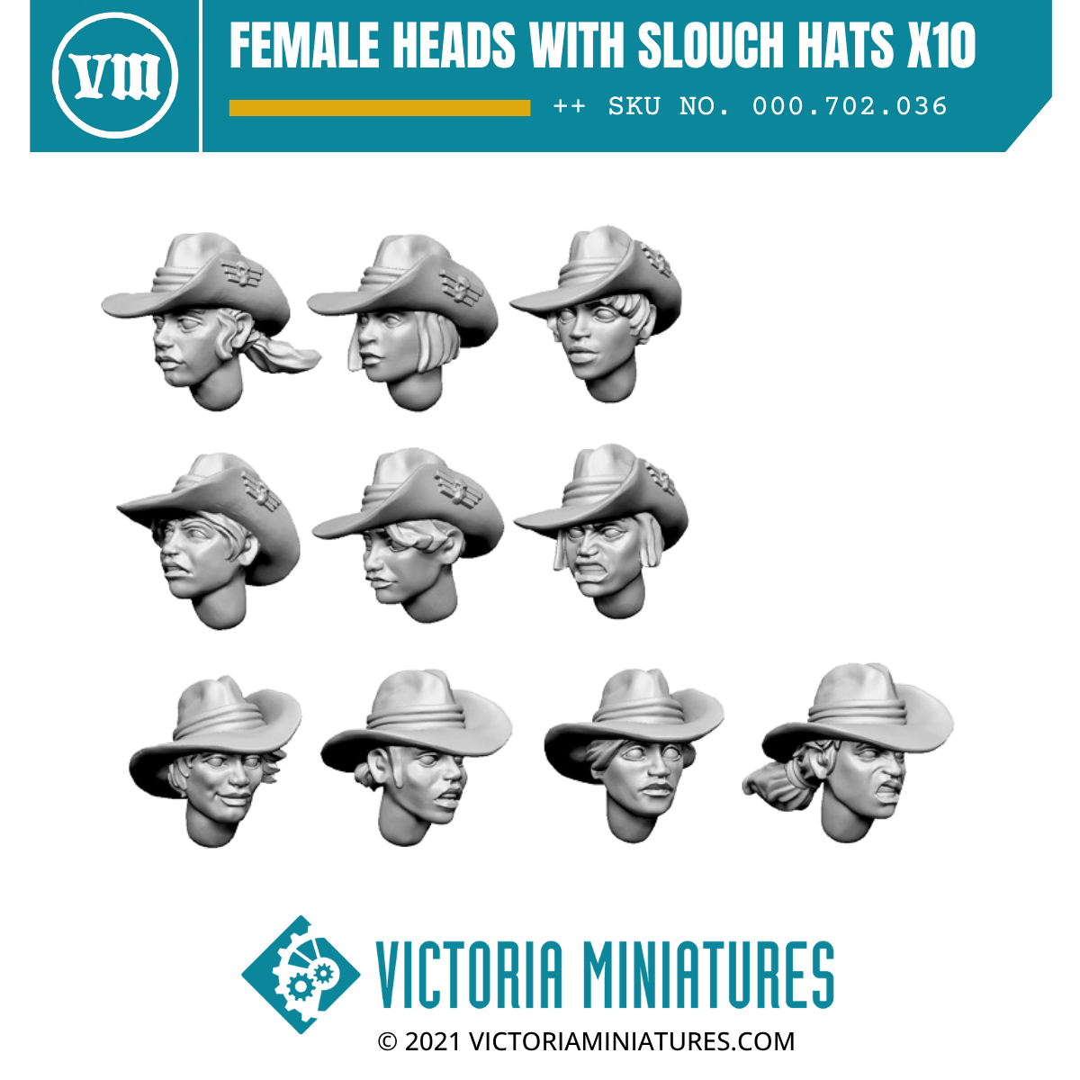 Female Heads with Slouch Hats x10