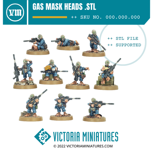 Gas Mask Heads x5 .STL Files – Victoria Miniatures