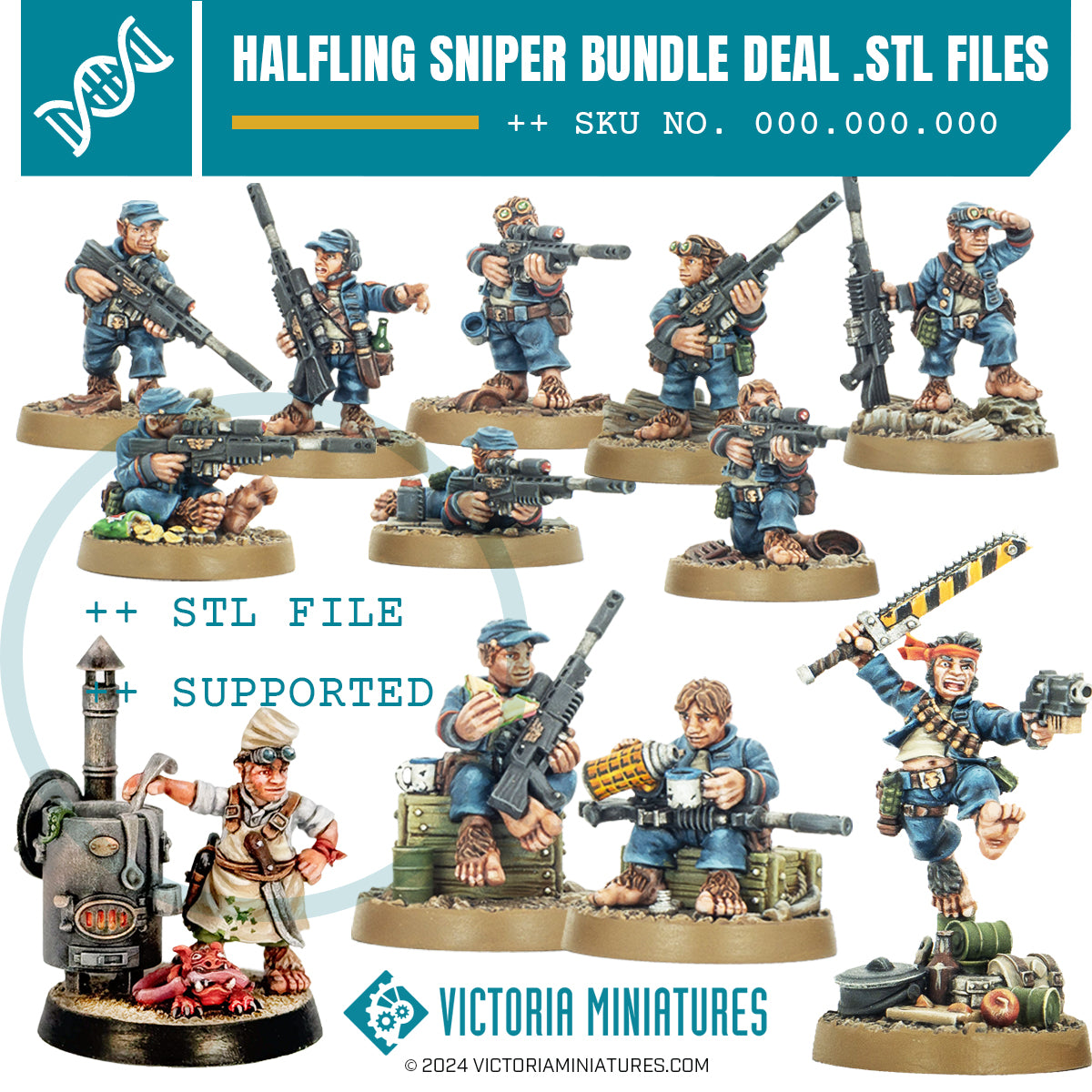 A collection of digitally created miniature figures for tabletop gaming