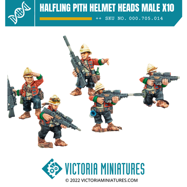 Halfling Pith Helmet Heads Male x10 – Victoria Miniatures