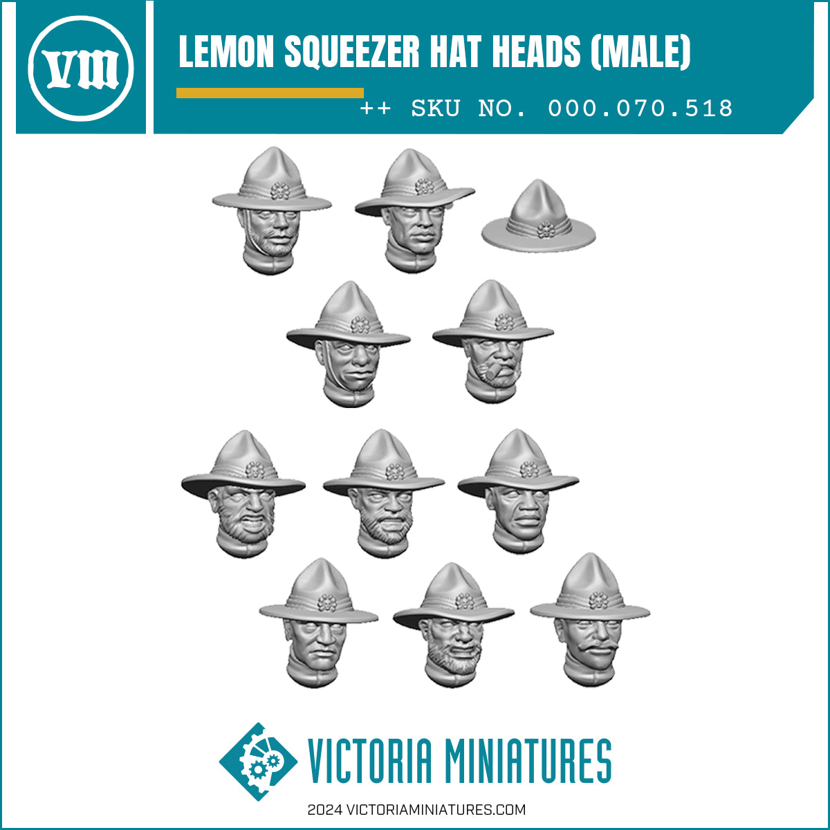 Ten toy figurine heads with lemon squeezer hats, male, sculpted by Victoria Lamb, marked as Victoria Miniatures