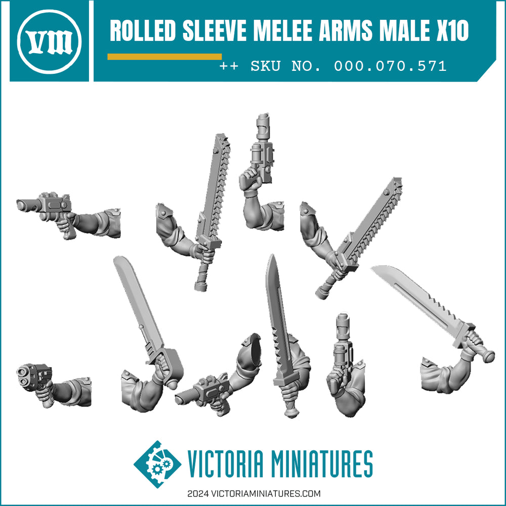 A collection of miniature figurines featuring male rolled sleeve melee arms in various poses, primarily swords and pistols, with a round base sculpted by Victoria Lamb