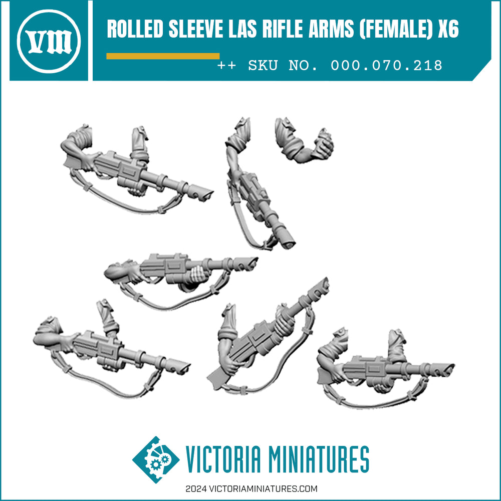 A set of six 28mm scale female rolled sleeve arms with laser rifles for Victoria Miniatures female Guard and popular plastic sci-fi troops