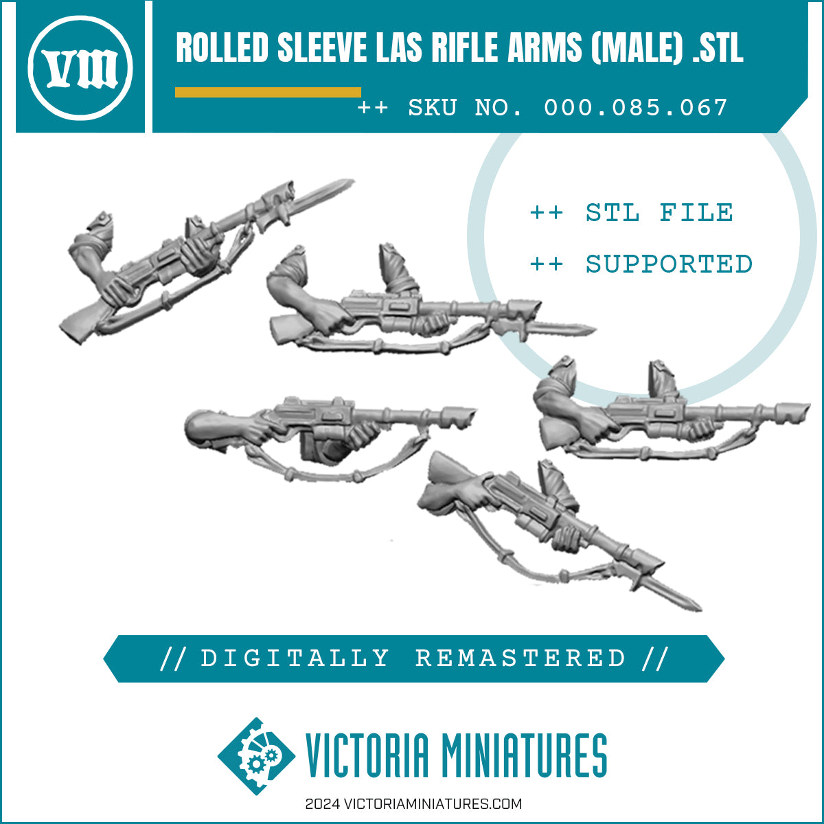 Product image for Rolled Sleeve Male Rifle Arms .STL Download, showing various digital renditions of the product on a blue background with the brand Victoria Miniatures mentioned