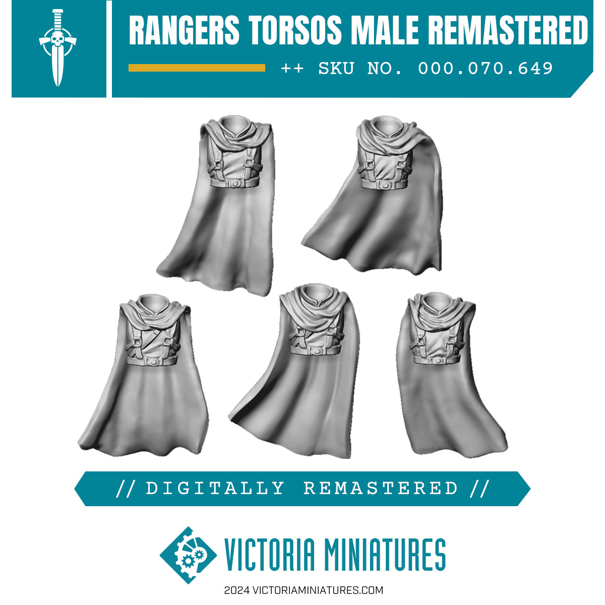 A set of five gray miniature figures of male torsos with cloaks, part of the Ranger Torsos collection, intended for use in tabletop gaming