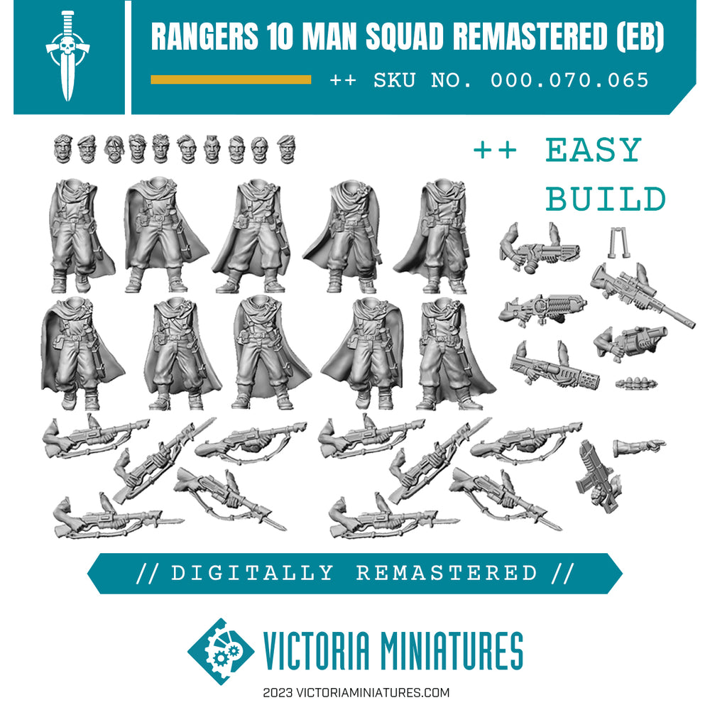 A collection of detailed plastic miniatures representing a 10 man squad, which includes various configurations of bodies, arms, and weapons, digitally remastered by Victoria Miniatures