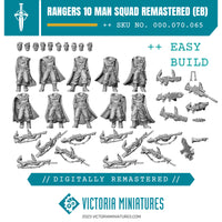A collection of detailed plastic miniatures representing a 10 man squad, which includes various configurations of bodies, arms, and weapons, digitally remastered by Victoria Miniatures