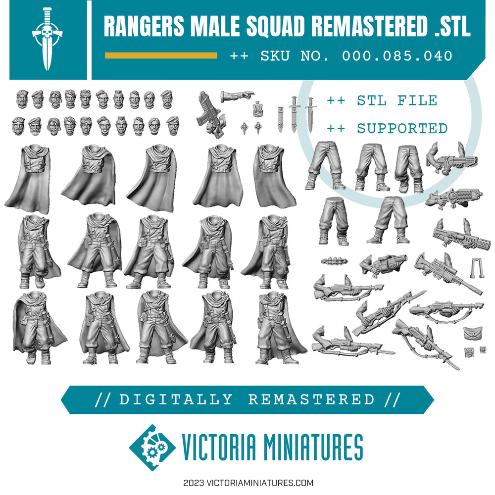An illustration showcasing various components of the Border World Rangers Male Squad Remastered .STL Download, including heads, torsos, arms, and legs of soldiers, as well as equipment such as canteens and daggers