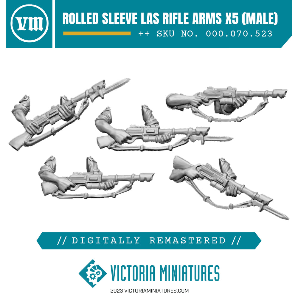 A set of five resin cast model parts for toy figures, depicting male arms with rolled sleeves and laser rifles, designed for use with miniature figures
