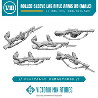 A set of five resin cast model parts for toy figures, depicting male arms with rolled sleeves and laser rifles, designed for use with miniature figures