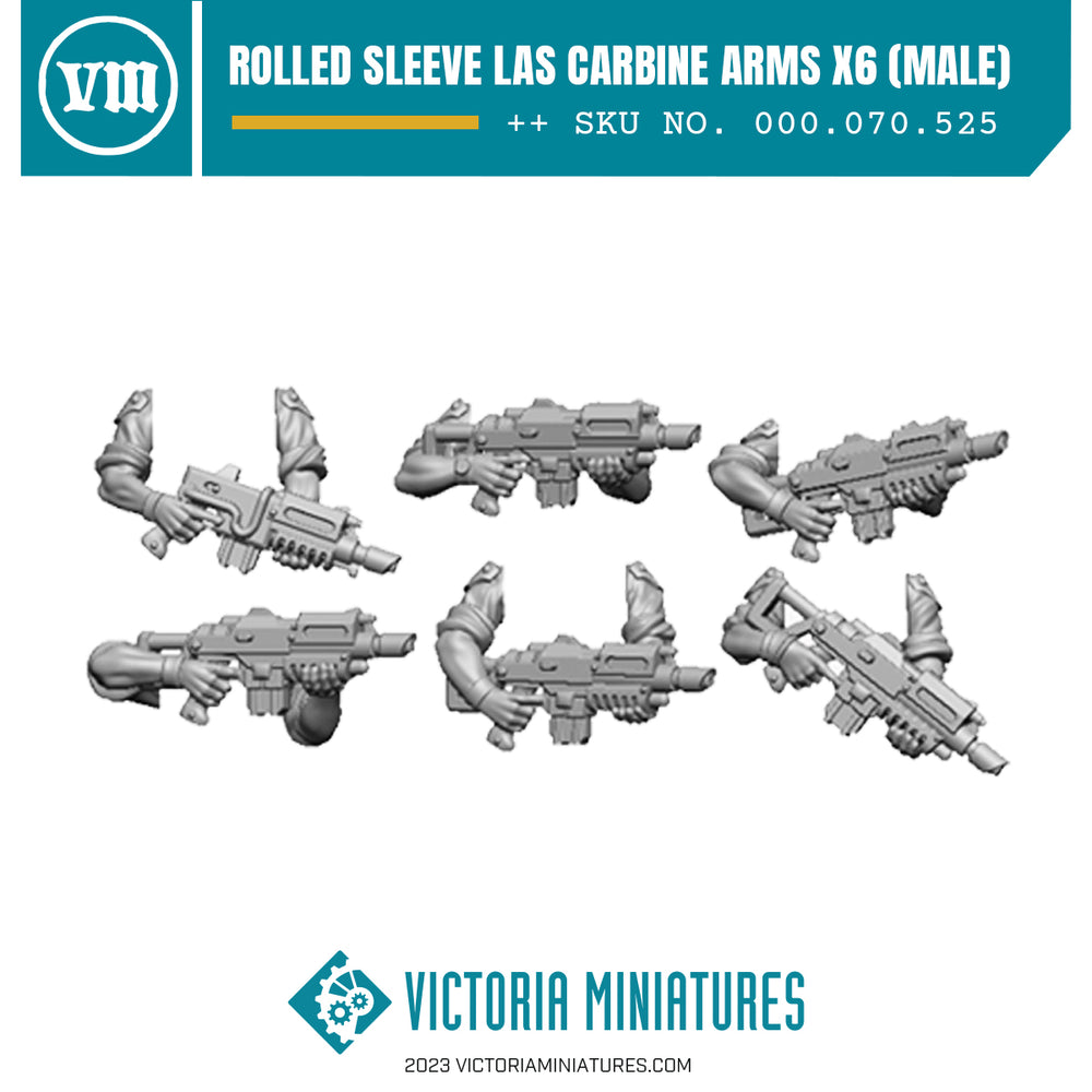 Six pairs of rolled sleeve laser carbine arms for 30mm heroic scale miniatures, displayed on a white background