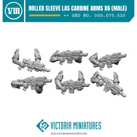 Six pairs of rolled sleeve laser carbine arms for 30mm heroic scale miniatures, displayed on a white background