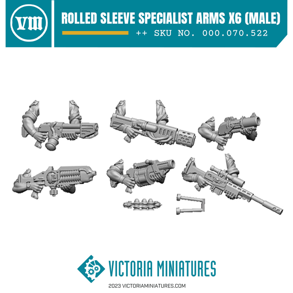 Six pairs of rolled sleeve specialist arms for 30mm heroic scale troops, recommended for use with Victoria Miniatures Guard and popular plastic sci-fi troops