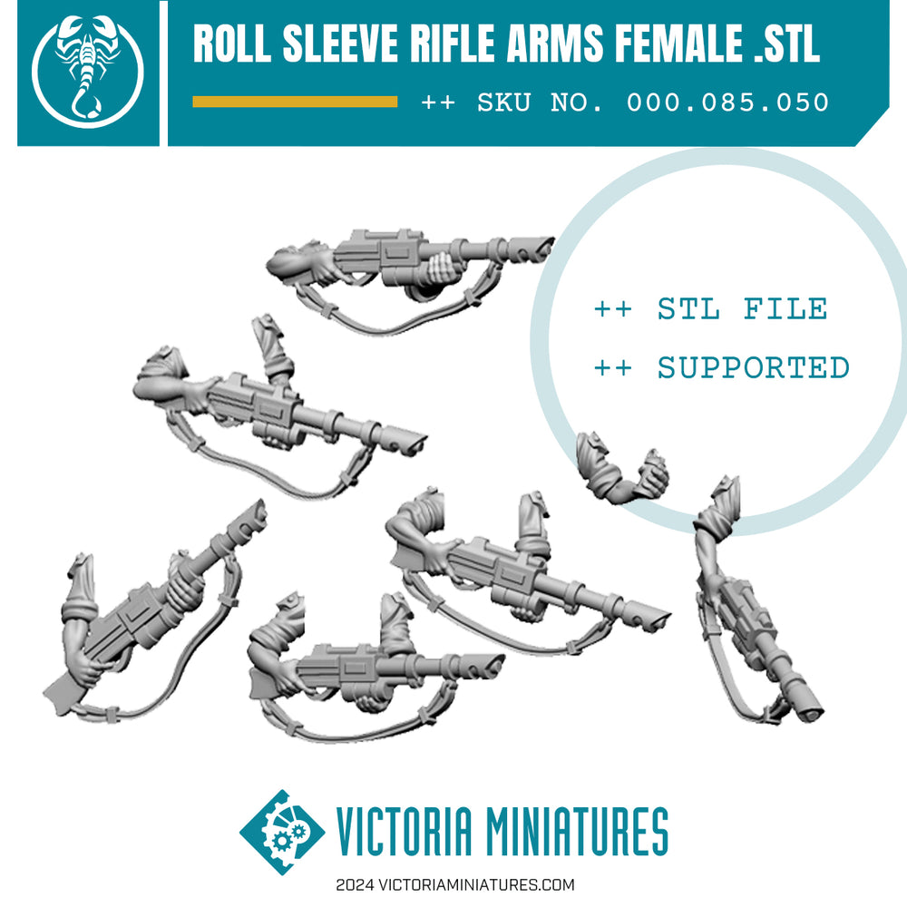 A collection of rolled sleeve male rifle arms in .STL format for miniature modeling, labeled as supported and unsupported files