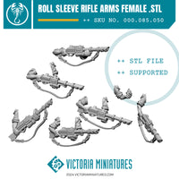 A collection of rolled sleeve male rifle arms in .STL format for miniature modeling, labeled as supported and unsupported files