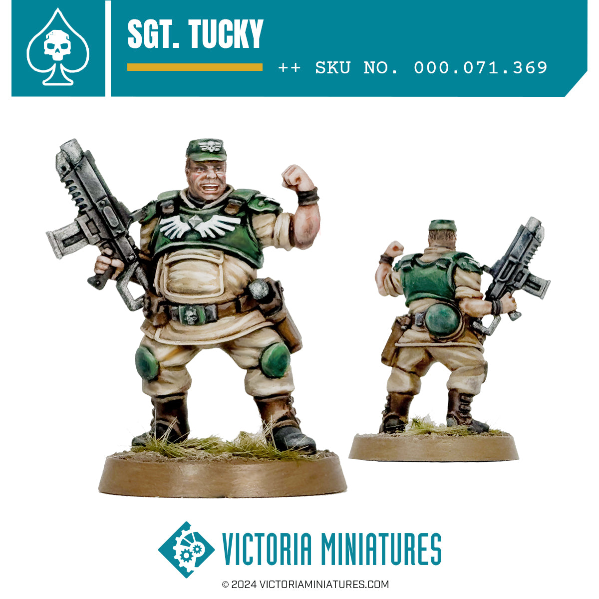Two miniature figures of 'Sgt. Tucky' from Victoria Miniatures, one larger and one smaller, with a round plastic base, depicting a fantasy infantry soldier in a green and beige outfit