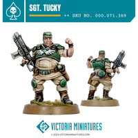 Two miniature figures of 'Sgt. Tucky' from Victoria Miniatures, one larger and one smaller, with a round plastic base, depicting a fantasy infantry soldier in a green and beige outfit