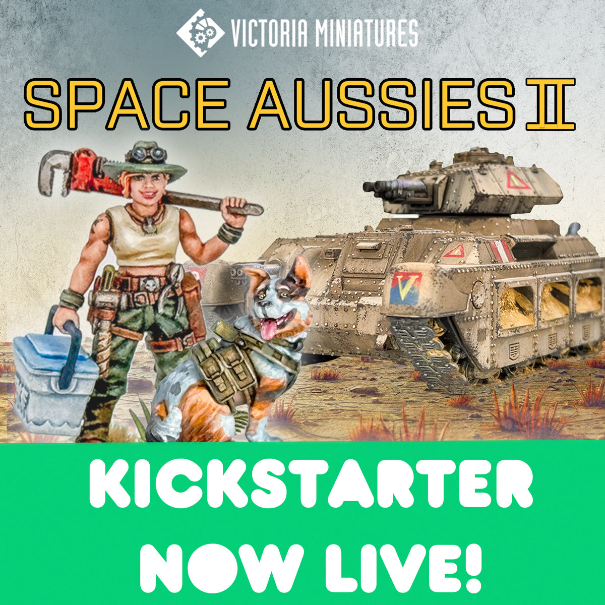 Promotional image for 'Space Aussies II' with a figure, tank, and dog