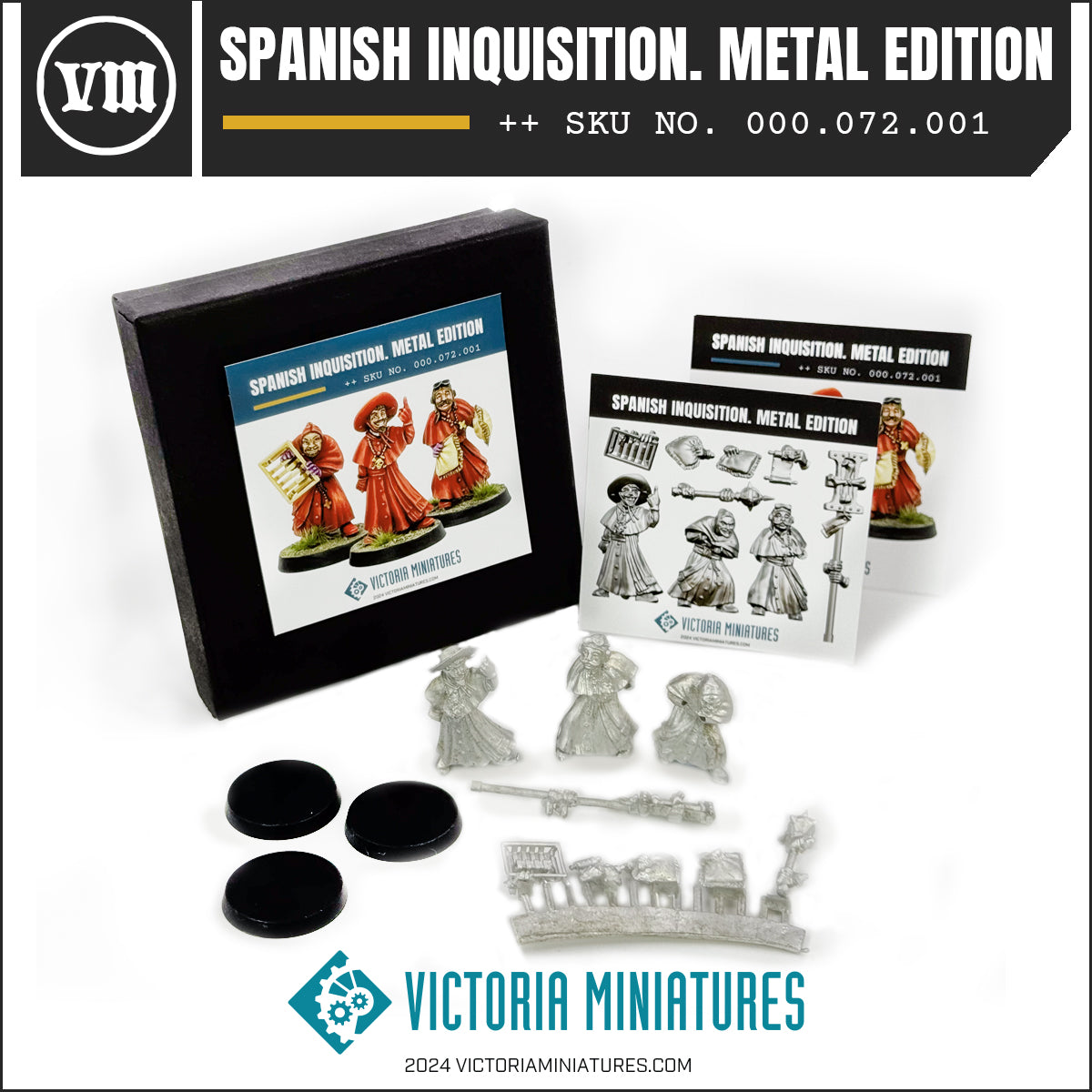 The image shows the Spanish Inquisition Metal Edition Boxed Set, containing premium metal miniatures and plastic bases, displayed alongside a painting reference card and matt black cardboard box packaging