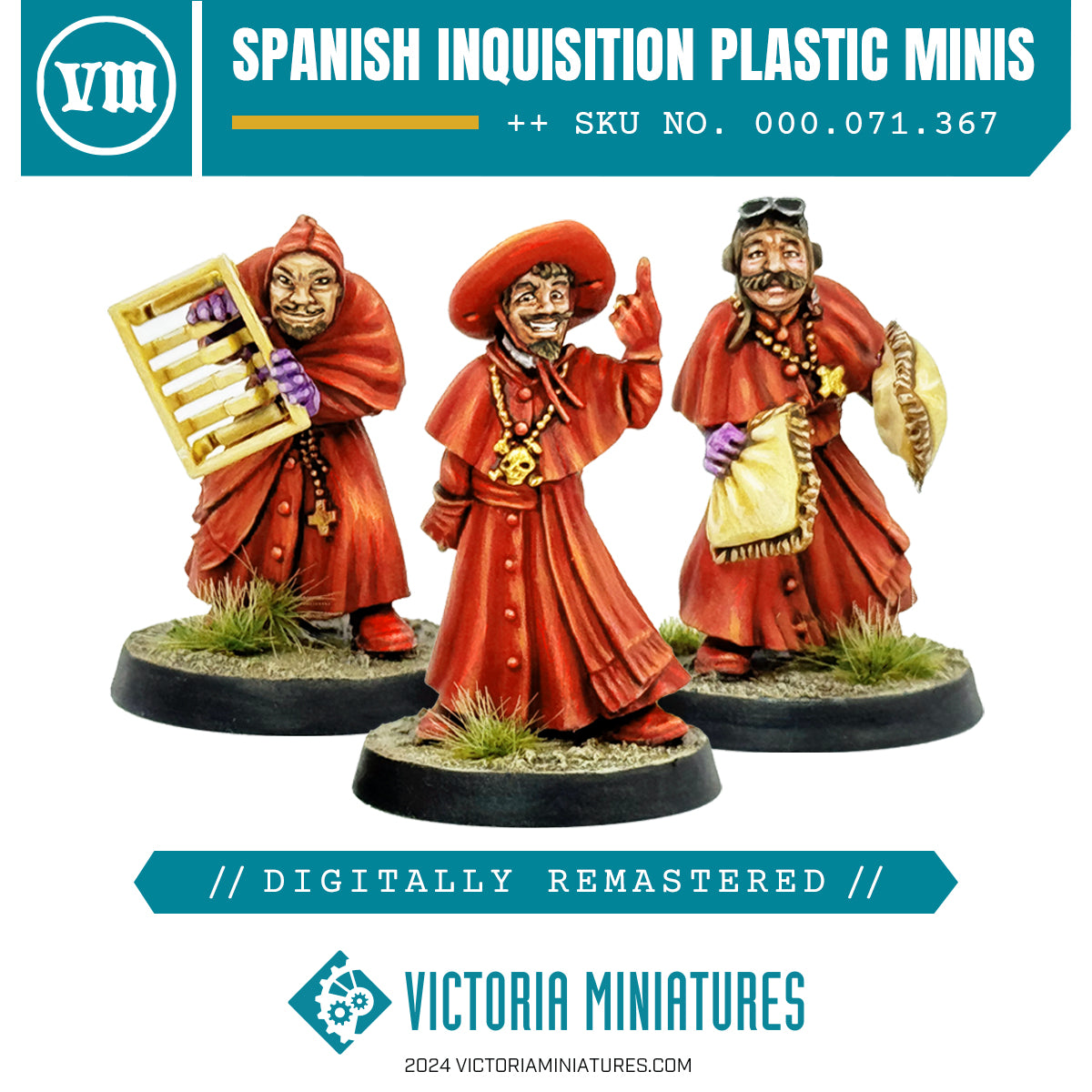 Three plastic miniature figures representing members of the Spanish Inquisition, dressed in red robes, with detailed accessories