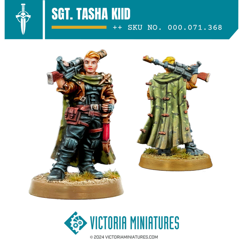 A painted miniature figure of Sgt. Tasha Kiid, a character for the Border World Rangers, equipped with a rifle and a pistol, standing on a round plastic base