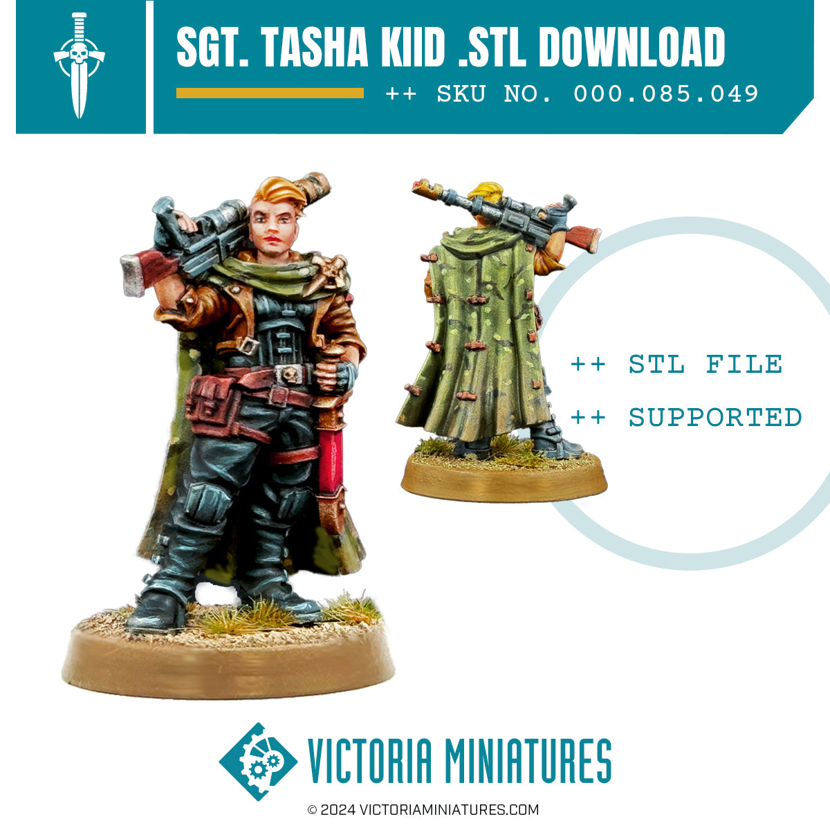 Digital image of a 3D printable miniature character named Sgt. Tasha Kiid, displayed in two poses on round bases