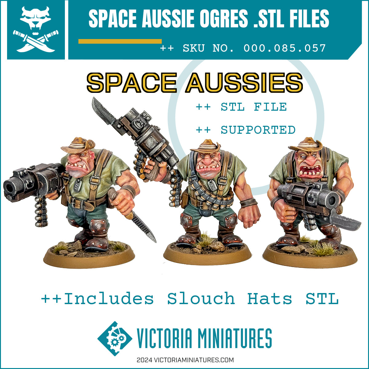 Three painted miniature figures labeled as 'Space Aussie Ogres'