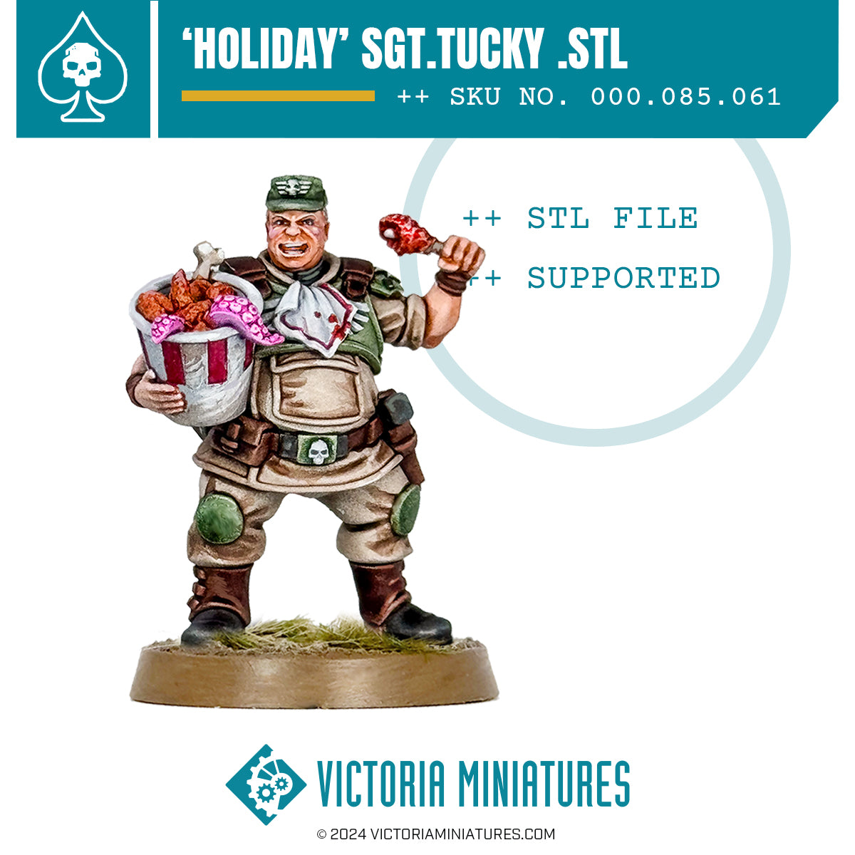 Digital card illustrating 'Holiday Sgt. Tucky' with a skull logo, supported and unsupported STL file icons, and the Victoria Miniatures logo