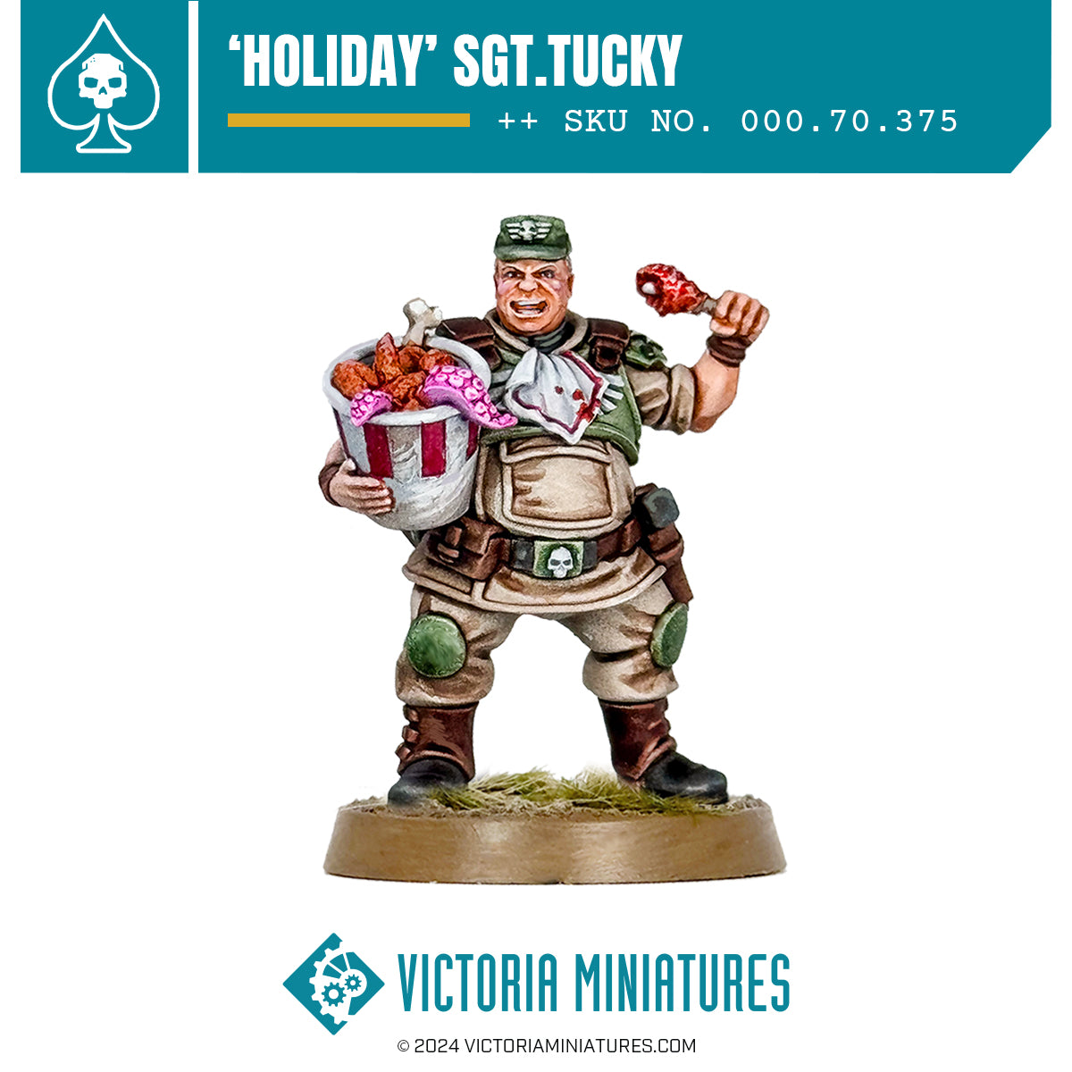 A miniature figurine of a holiday-themed 'Sgt. Tucky' character with a Santa hat and a basket, on a round plastic base