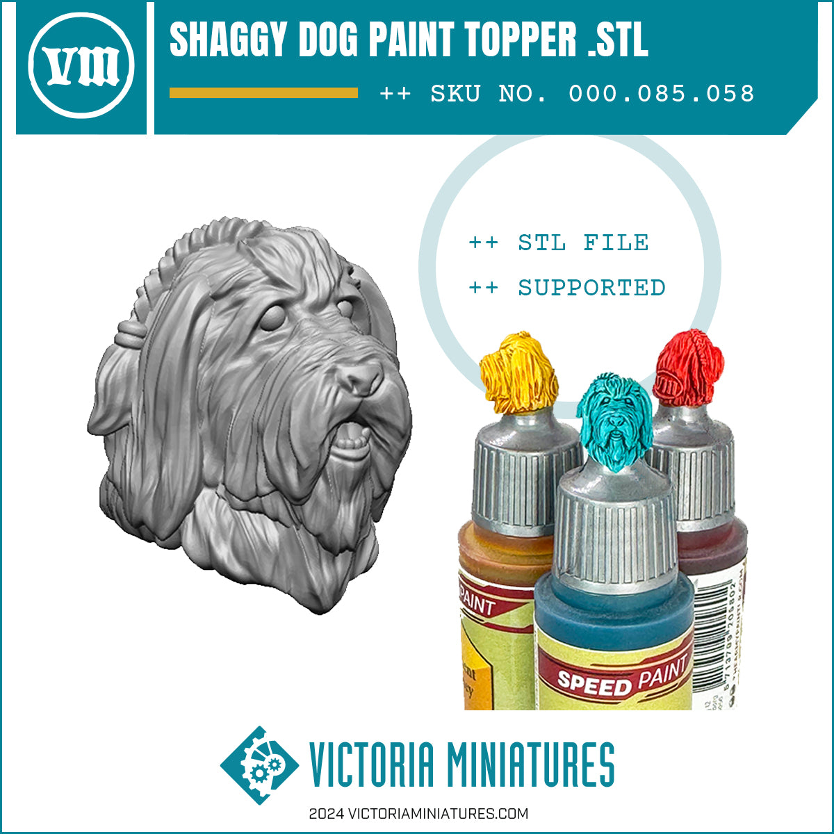 A digital render of a Shaggy Dog Paint Bottle Topper in .STL