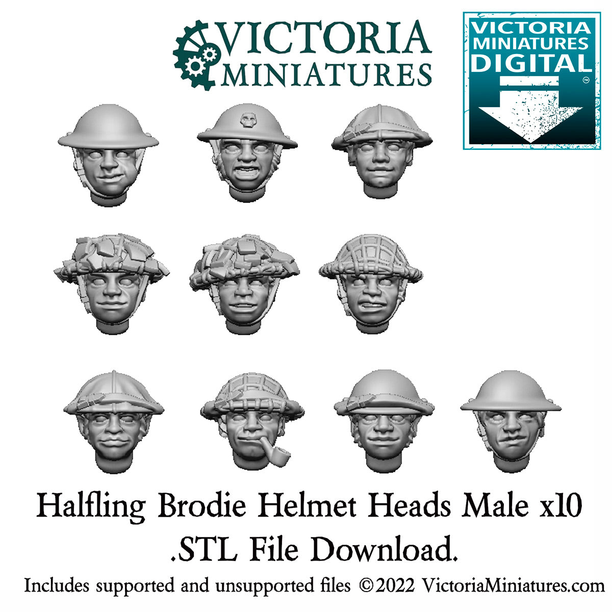 Halfling Brodie Helmet Heads Male x10 .STL Download
