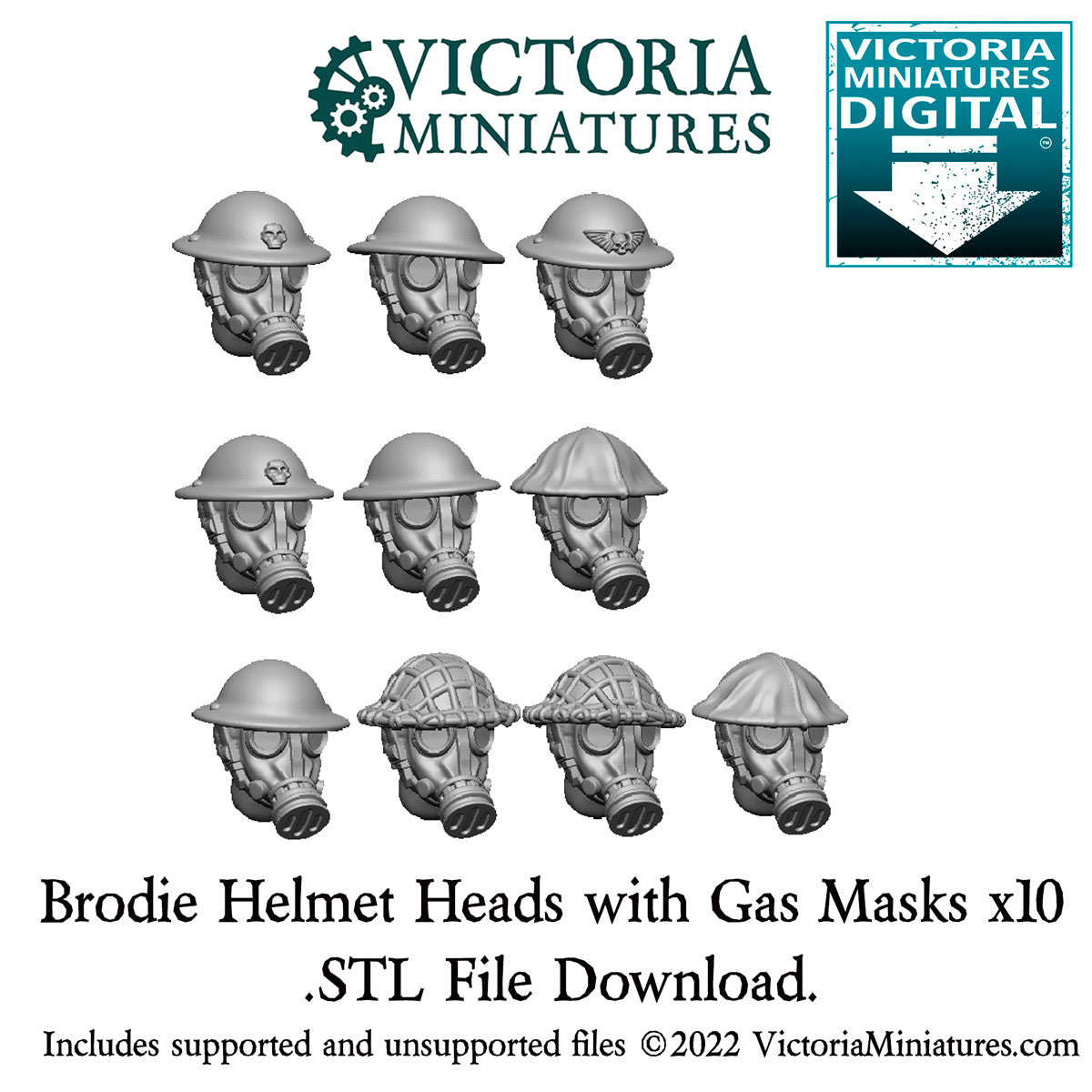 Brodie Helmet Gas Mask Heads x10 .STL Download