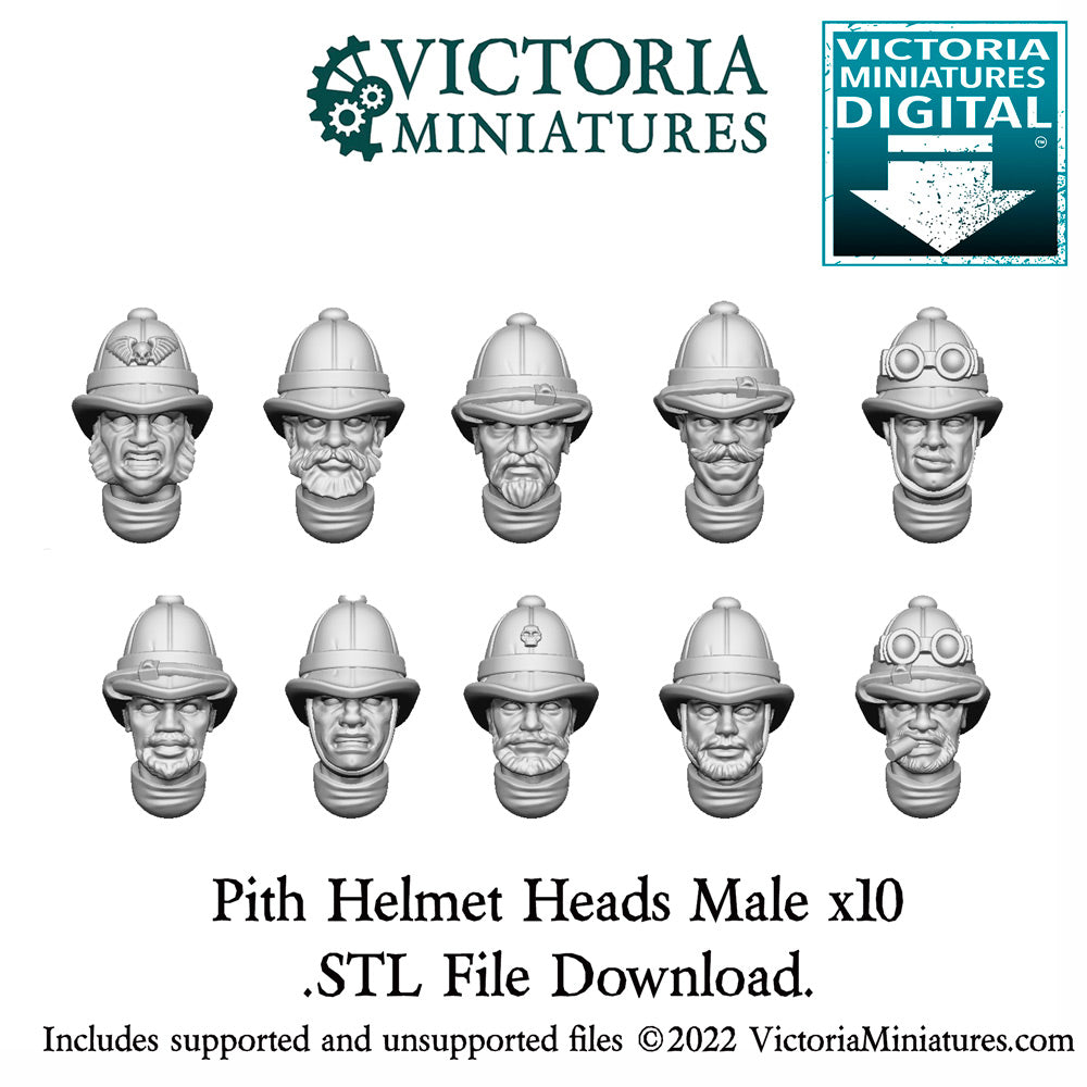 Pith Helmet Heads Male x10 .STL Download