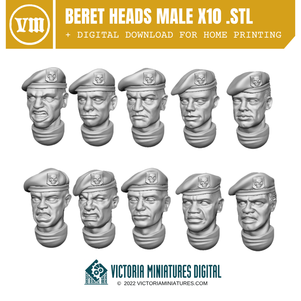Beret Heads Male x10 .STL Download Victoria Miniatures