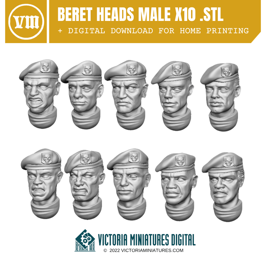 Beret Heads Male x10 .STL Download Victoria Miniatures