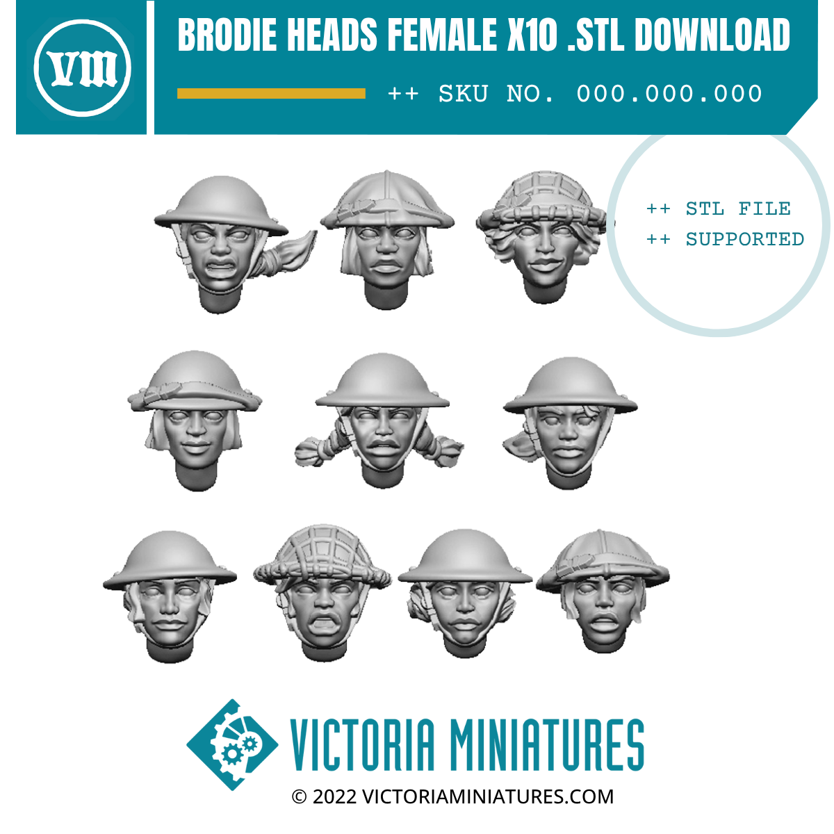 Brodie Helmet Heads Female x10 .STL Download