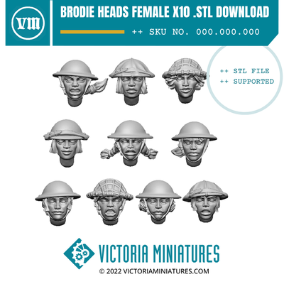 Brodie Helmet Heads Female x10 .STL Download