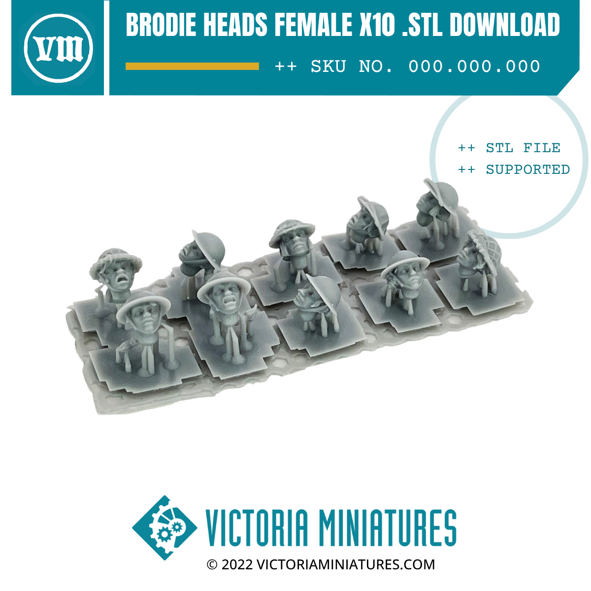 Brodie Helmet Heads Female x10 .STL Download