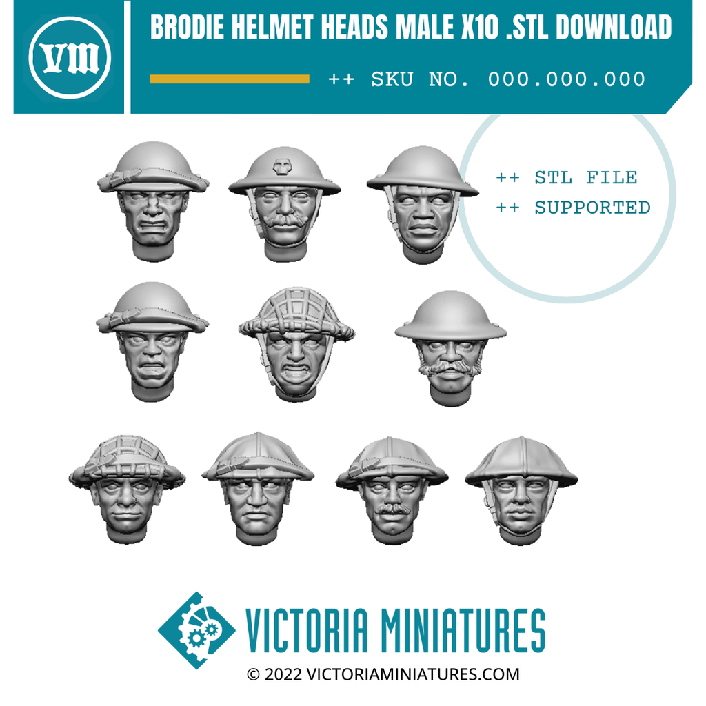 Brodie Helmet Heads Male x10 .STL Download – Victoria Miniatures