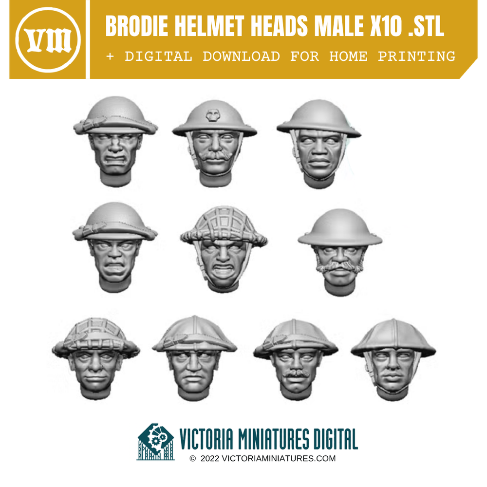 Brodie Helmet Heads Male x10 .STL Download Victoria Miniatures
