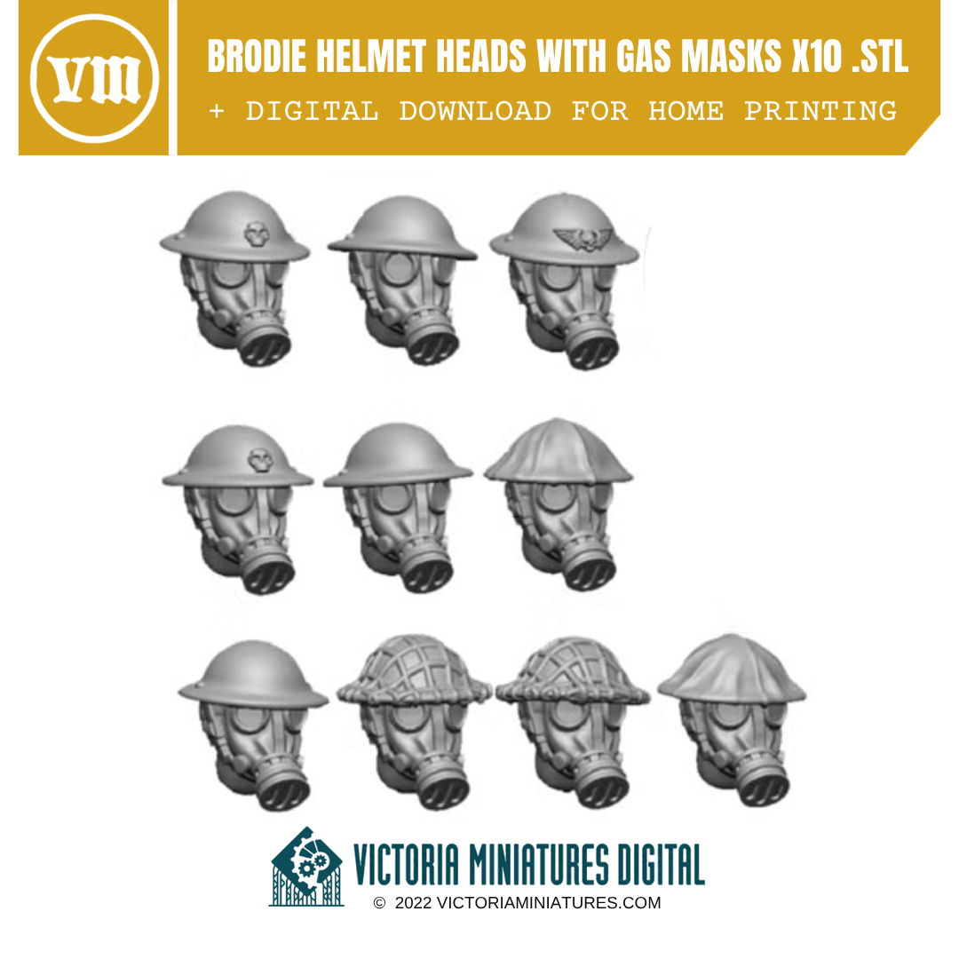 Brodie Helmet Gas Mask Heads x10 .STL Download Victoria Miniatures