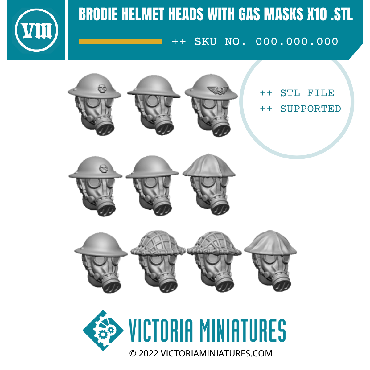 Brodie Helmet Gas Mask Heads x10 .STL Download