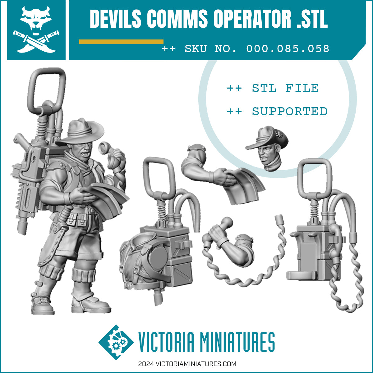 Digital product image for a .STL file model kit called 'Devils Comms Operator', showing the different components included such as the comms head, body with backpack, legs, and arms